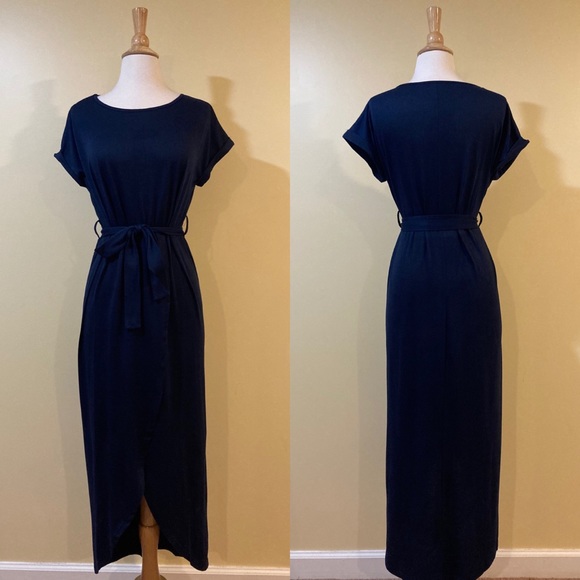 💥 CLEARANCE Tie Waist Rolled Short Sleeve Long Faux Wrap Front Slit Maxi Dress - Picture 5 of 8